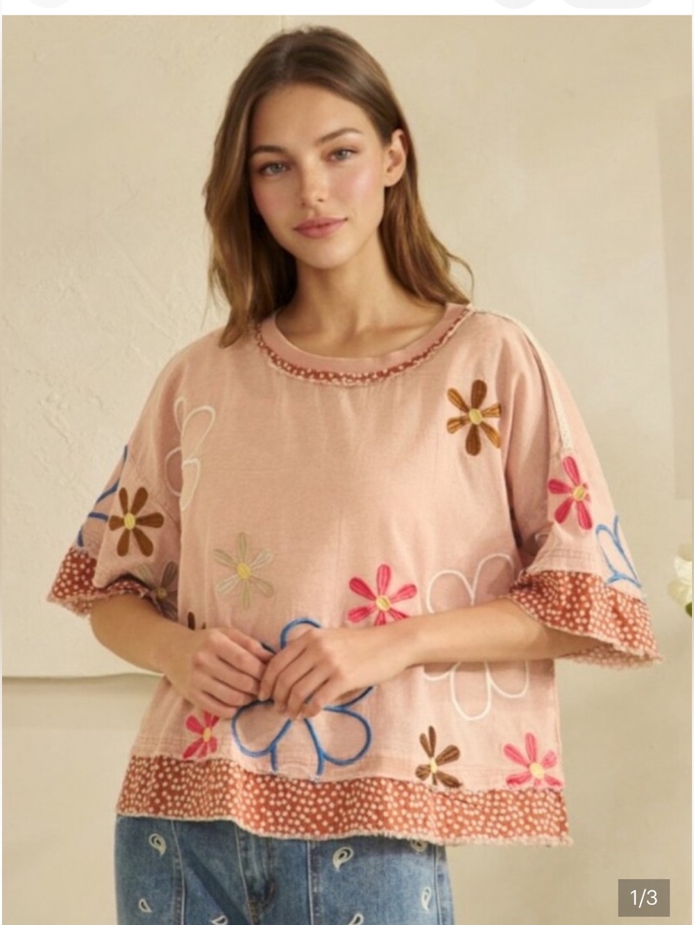 100 - Oli & Hali Dusty Pink Floral Embroidered Short Sleeve Tunic